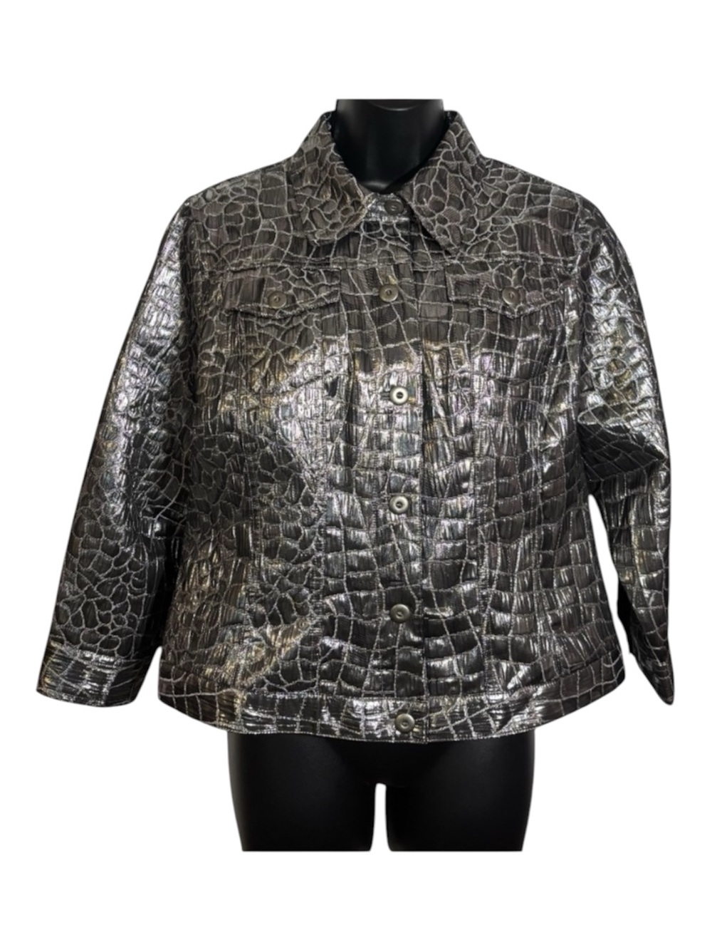 Ruby Rd. Crop Jacket Silver Metallic Croco Print Long Sleeve Women’s Size 6